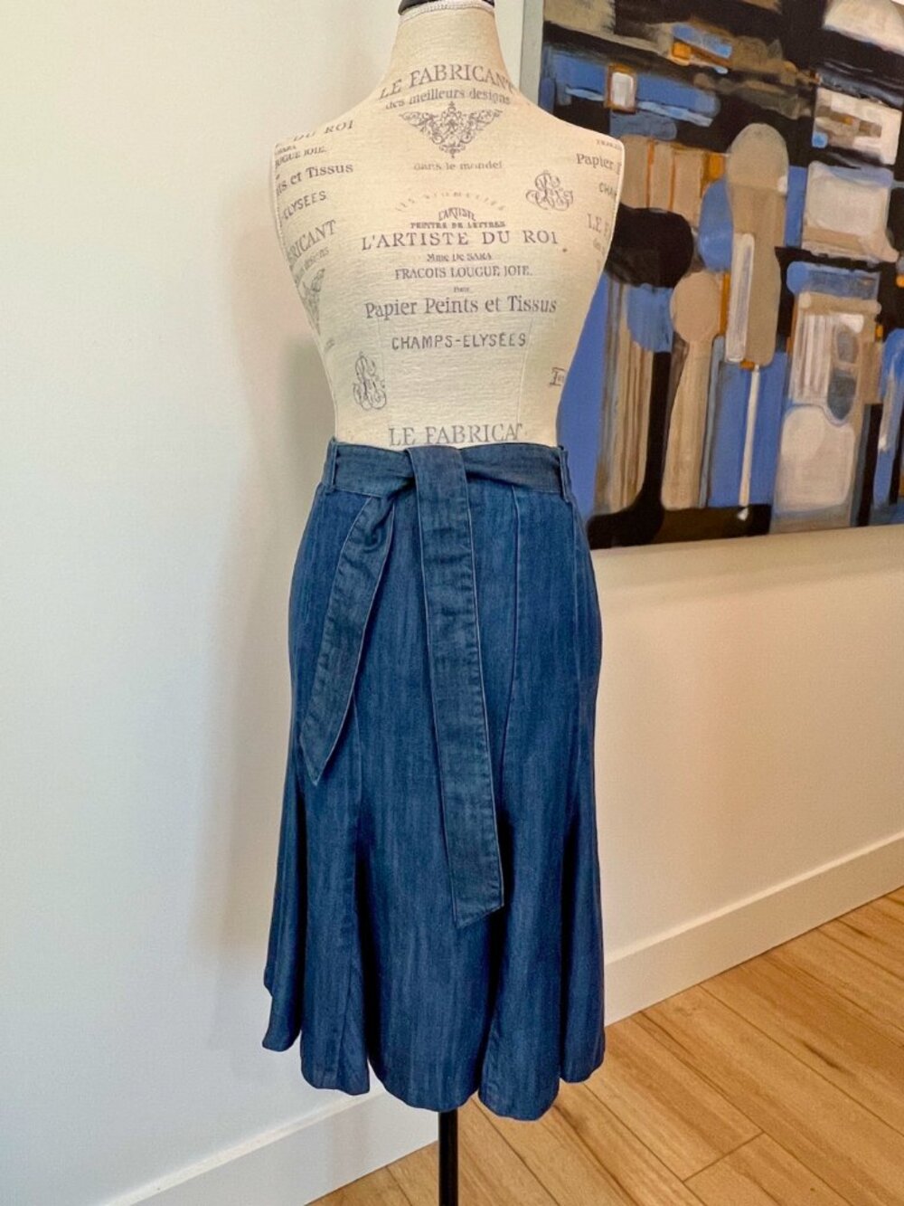 Dalia Collection 100% Tencel Bias Godet Midi Skirt + Belt Navy Blue Sz 8